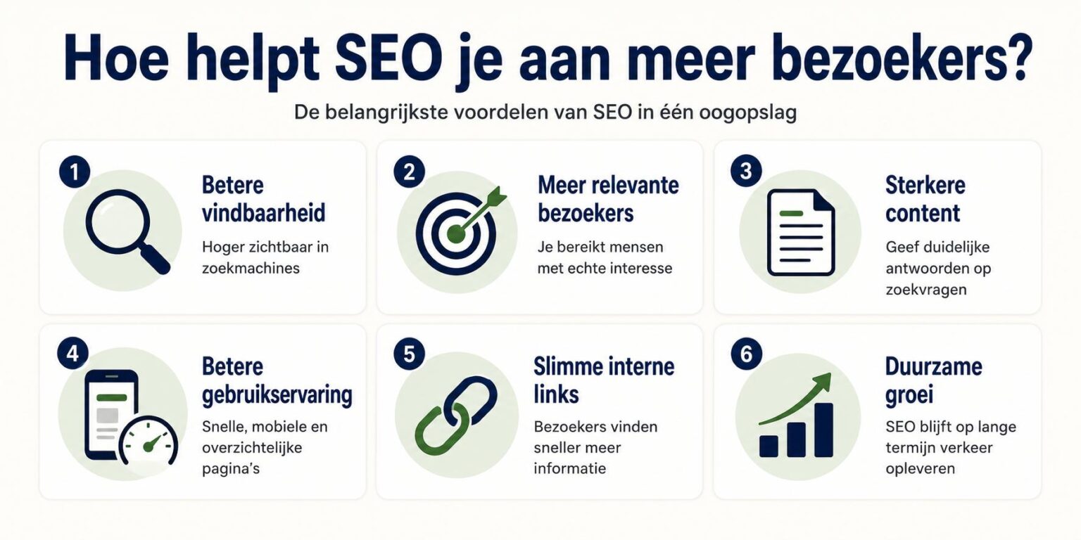 Visuele gids over hoe SEO je aan meer bezoekers helpt door betere vindbaarheid en relevantie in zoekmachines
